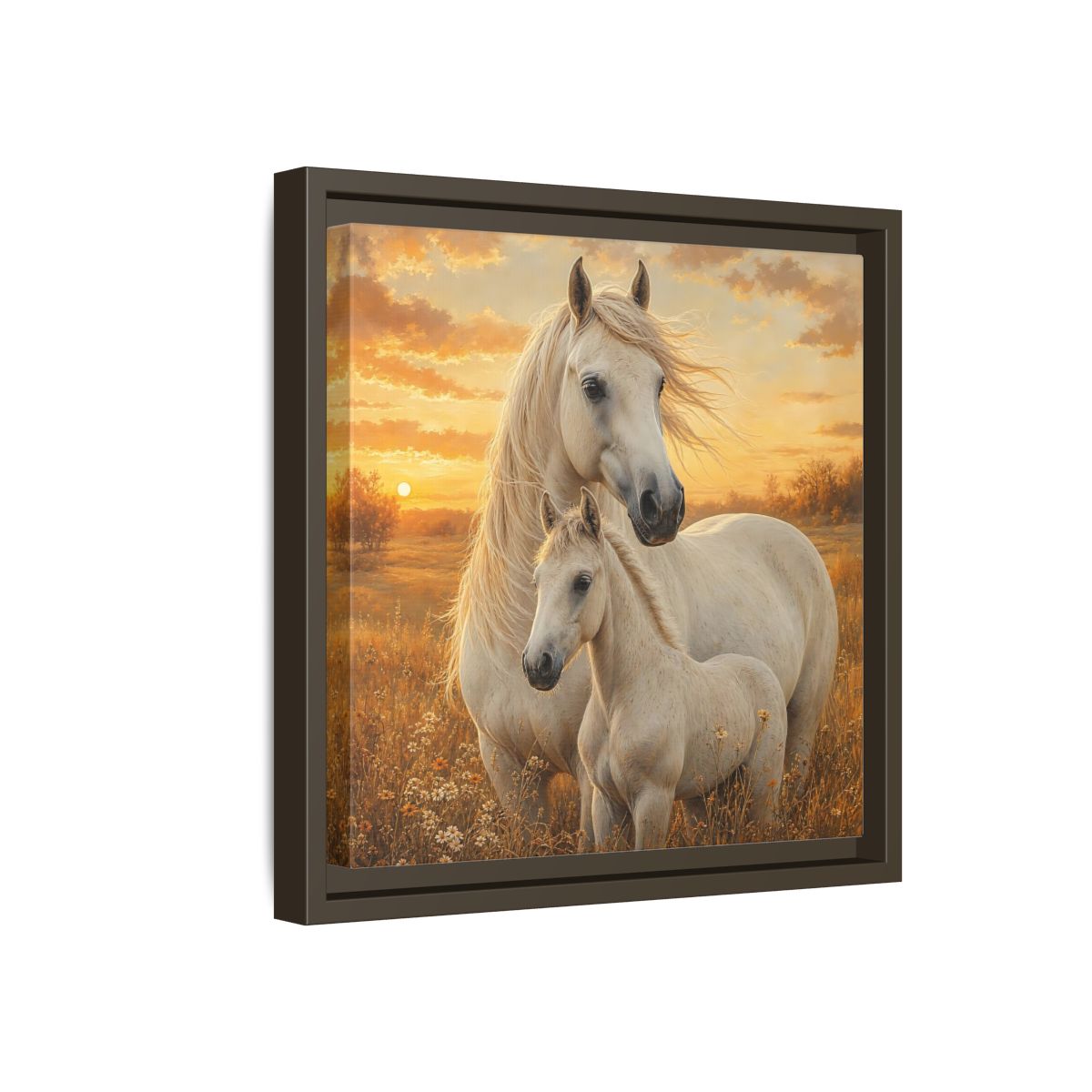 Side Mockup 17. Animals Horses White Horses Sunset shown as stretched canvas wall art