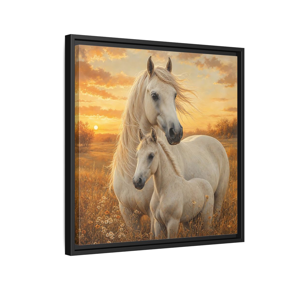 Side Mockup 12. Animals Horses White Horses Sunset shown as stretched canvas wall art