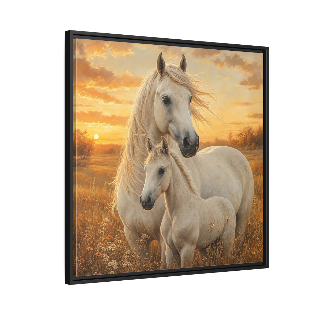 Side Mockup 9. Animals Horses White Horses Sunset shown as stretched canvas wall art