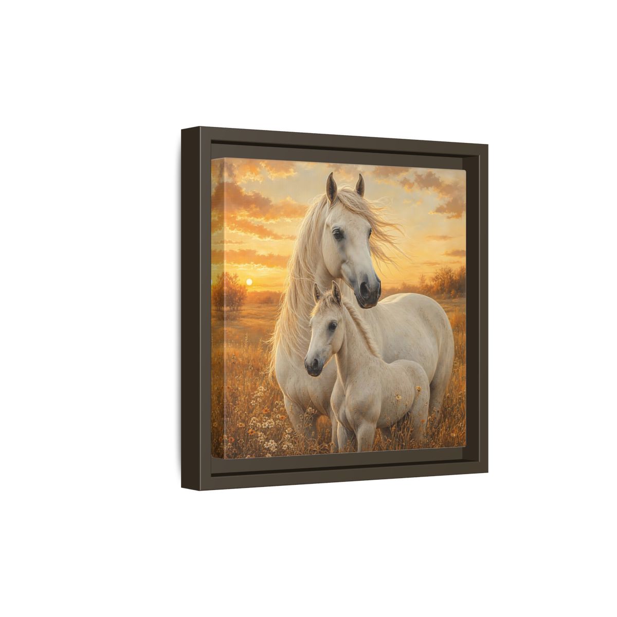 Side Mockup 20. Animals Horses White Horses Sunset shown as stretched canvas wall art