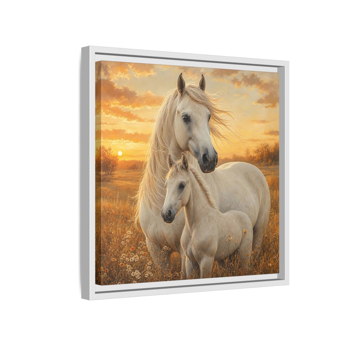 Side Mockup 13. Animals Horses White Horses Sunset shown as stretched canvas wall art