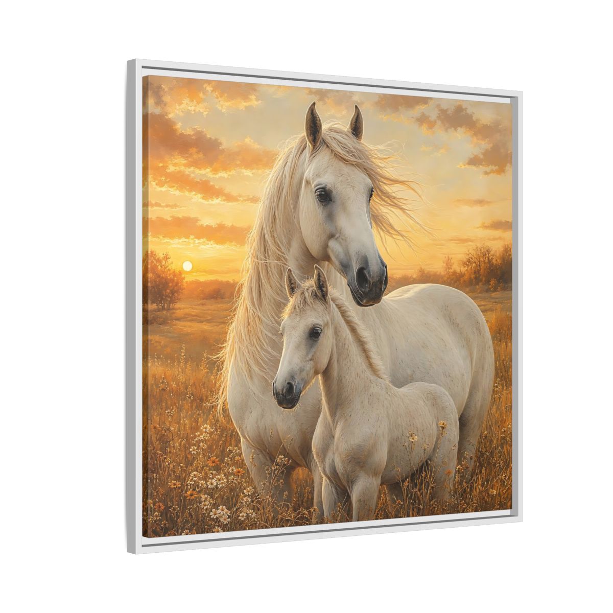 Side Mockup 7. Animals Horses White Horses Sunset shown as stretched canvas wall art