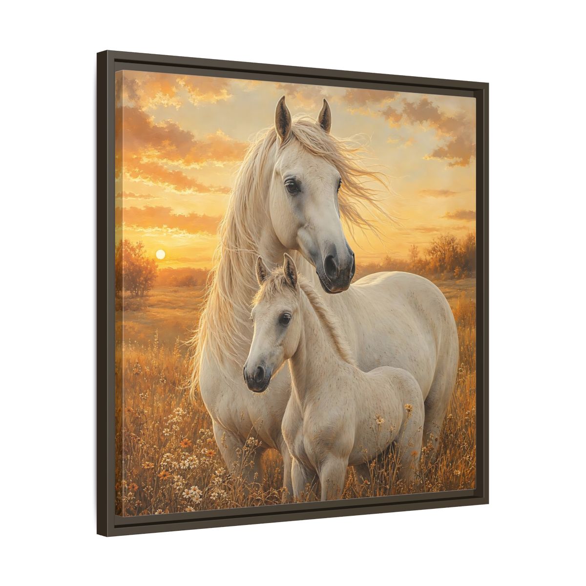 Side Mockup 27. Animals Horses White Horses Sunset shown as stretched canvas wall art
