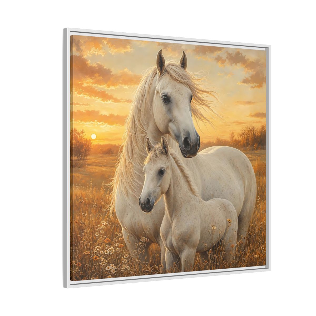 Side Mockup 4. Animals Horses White Horses Sunset shown as stretched canvas wall art