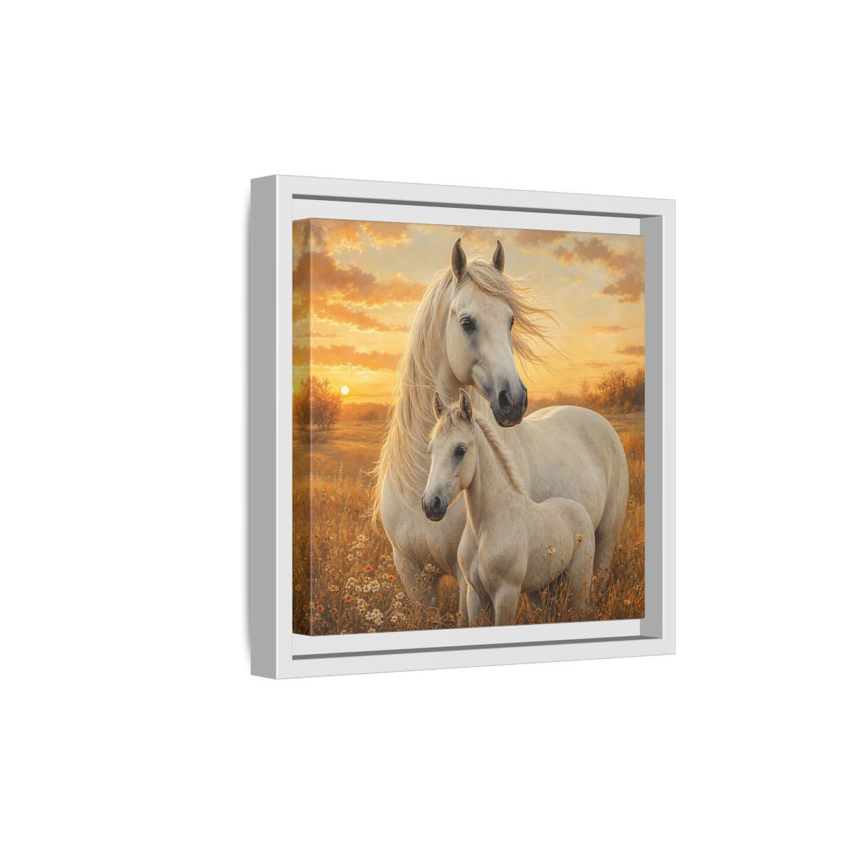 Side Mockup 19. Animals Horses White Horses Sunset shown as stretched canvas wall art