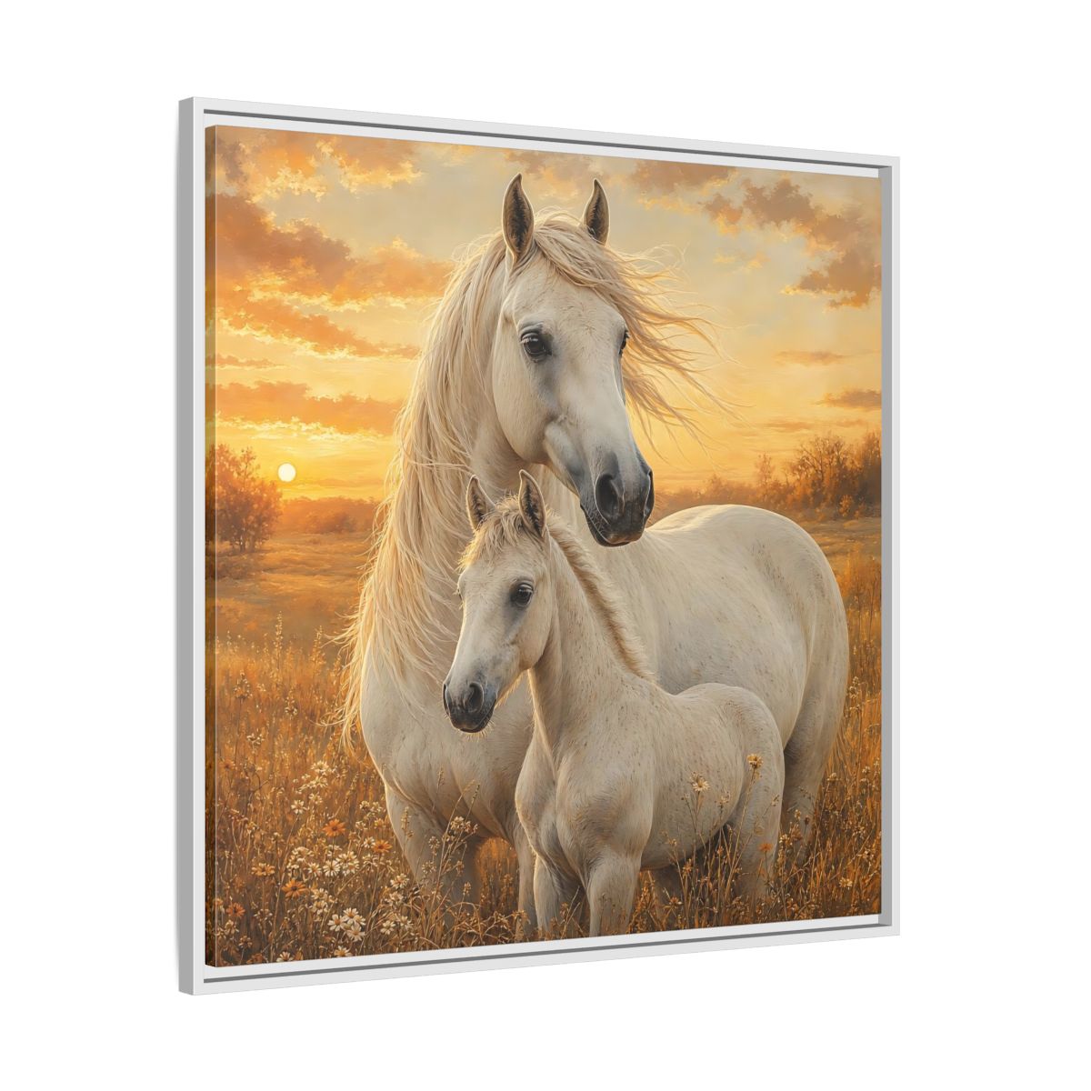 Side Mockup 25. Animals Horses White Horses Sunset shown as stretched canvas wall art