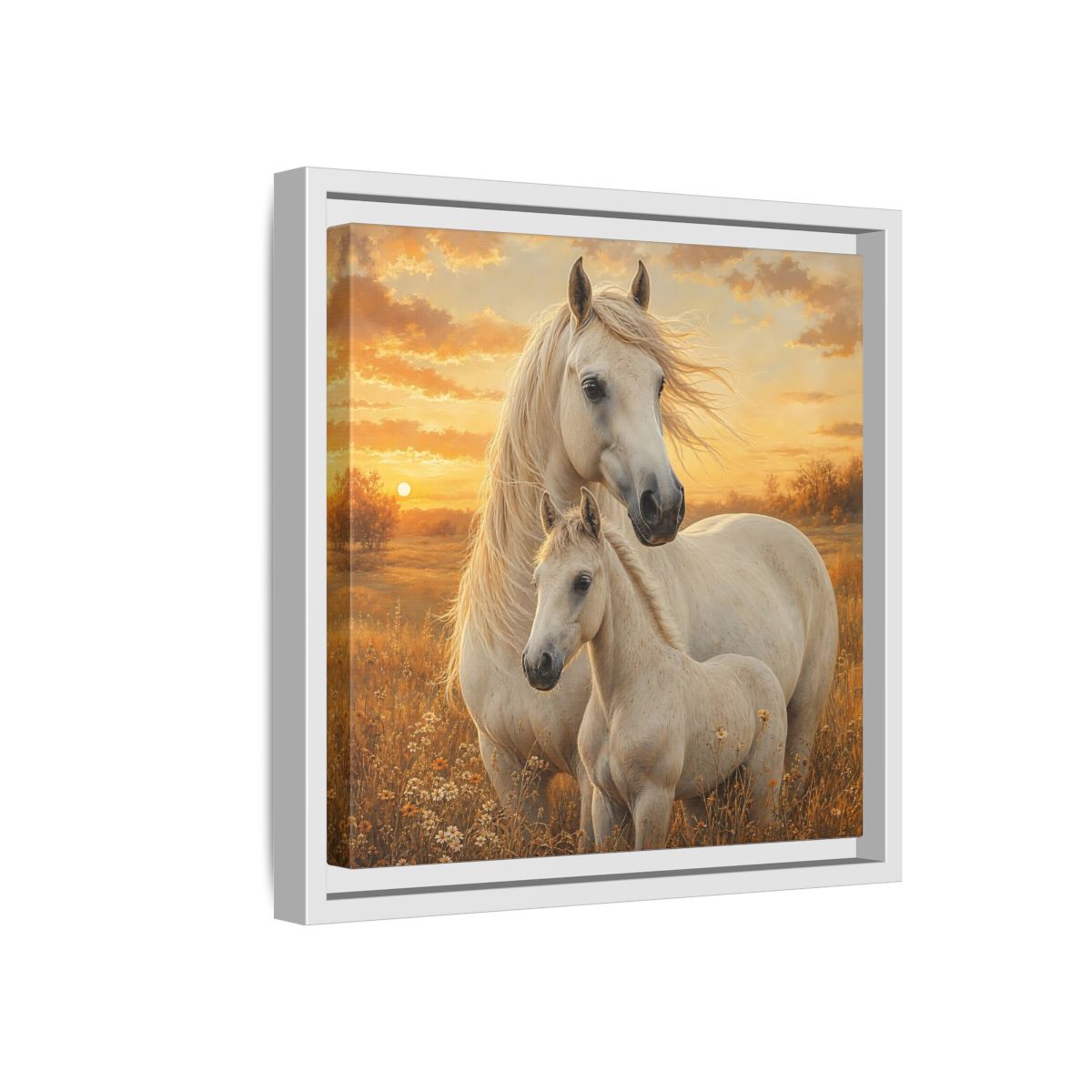 Side Mockup 16. Animals Horses White Horses Sunset shown as stretched canvas wall art