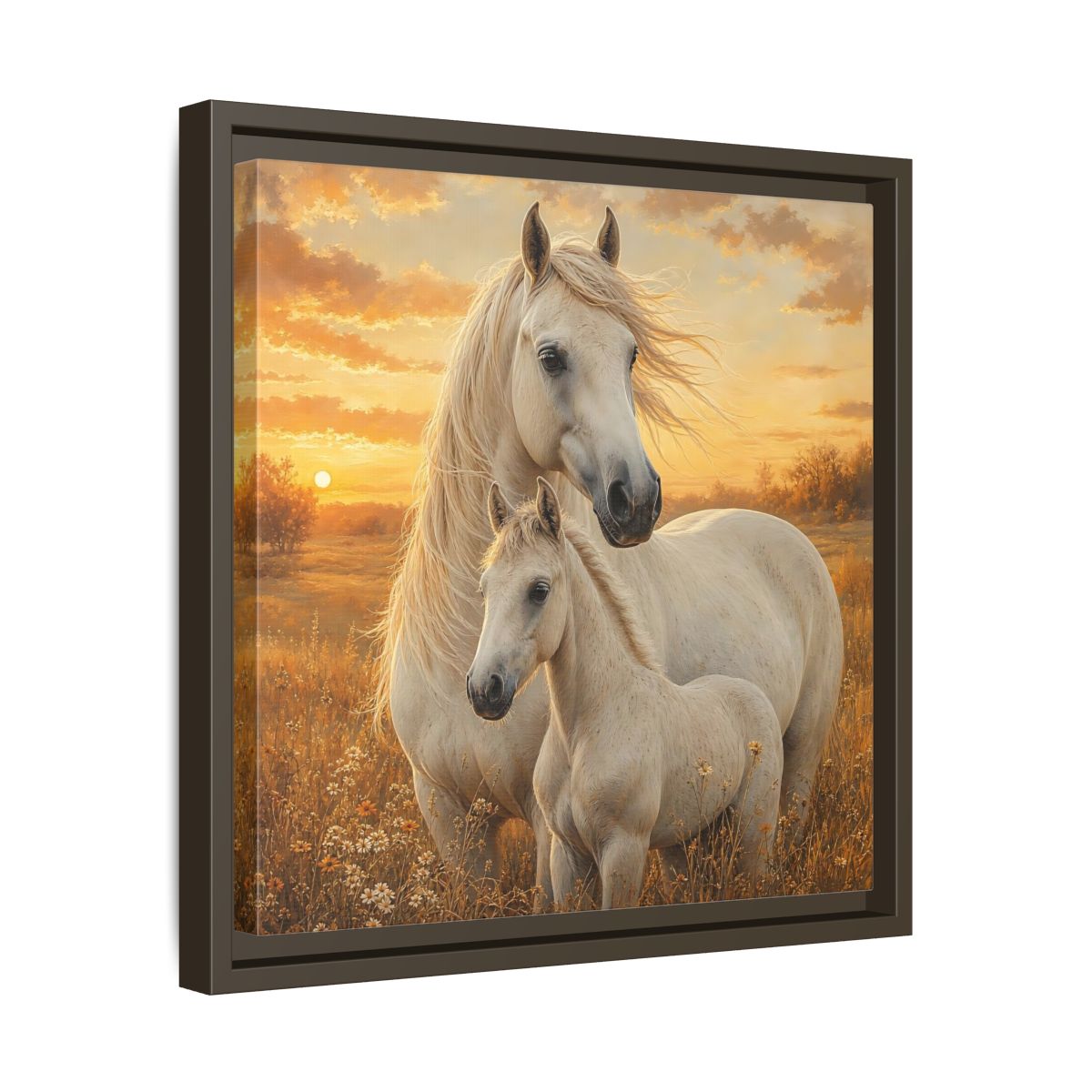Side Mockup 29. Animals Horses White Horses Sunset shown as stretched canvas wall art