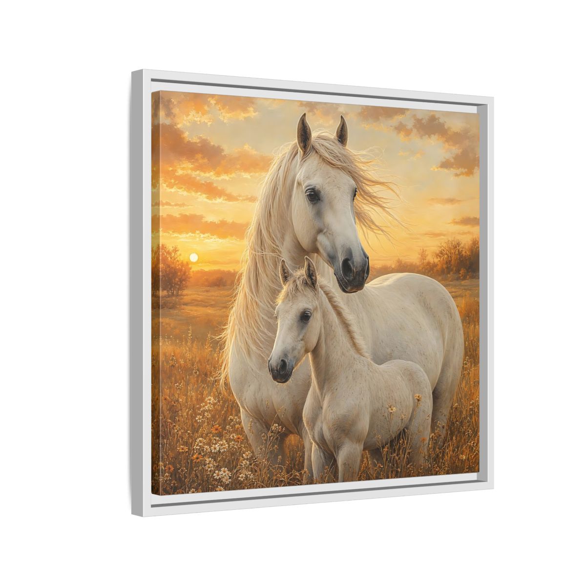 Side Mockup 10. Animals Horses White Horses Sunset shown as stretched canvas wall art