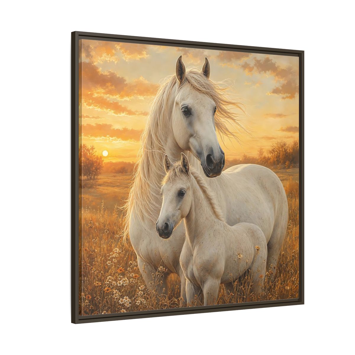 Side Mockup 5. Animals Horses White Horses Sunset shown as stretched canvas wall art