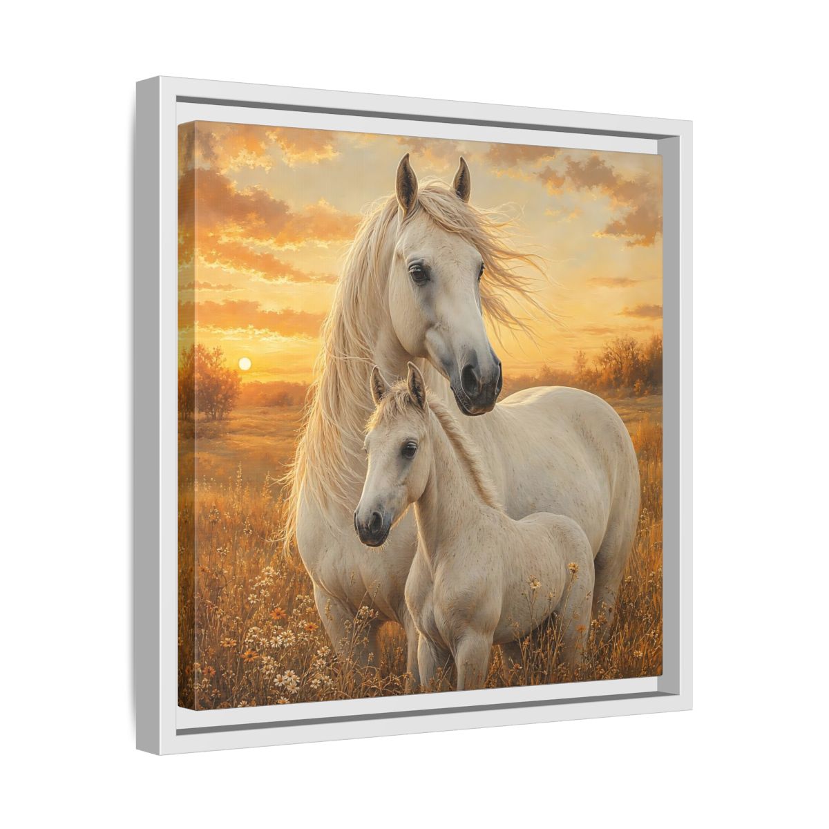 Side Mockup 28. Animals Horses White Horses Sunset shown as stretched canvas wall art