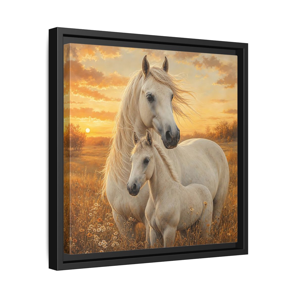 Side Mockup 32. Animals Horses White Horses Sunset shown as stretched canvas wall art