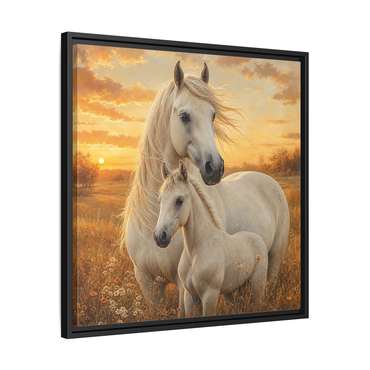 Side Mockup 31. Animals Horses White Horses Sunset shown as stretched canvas wall art