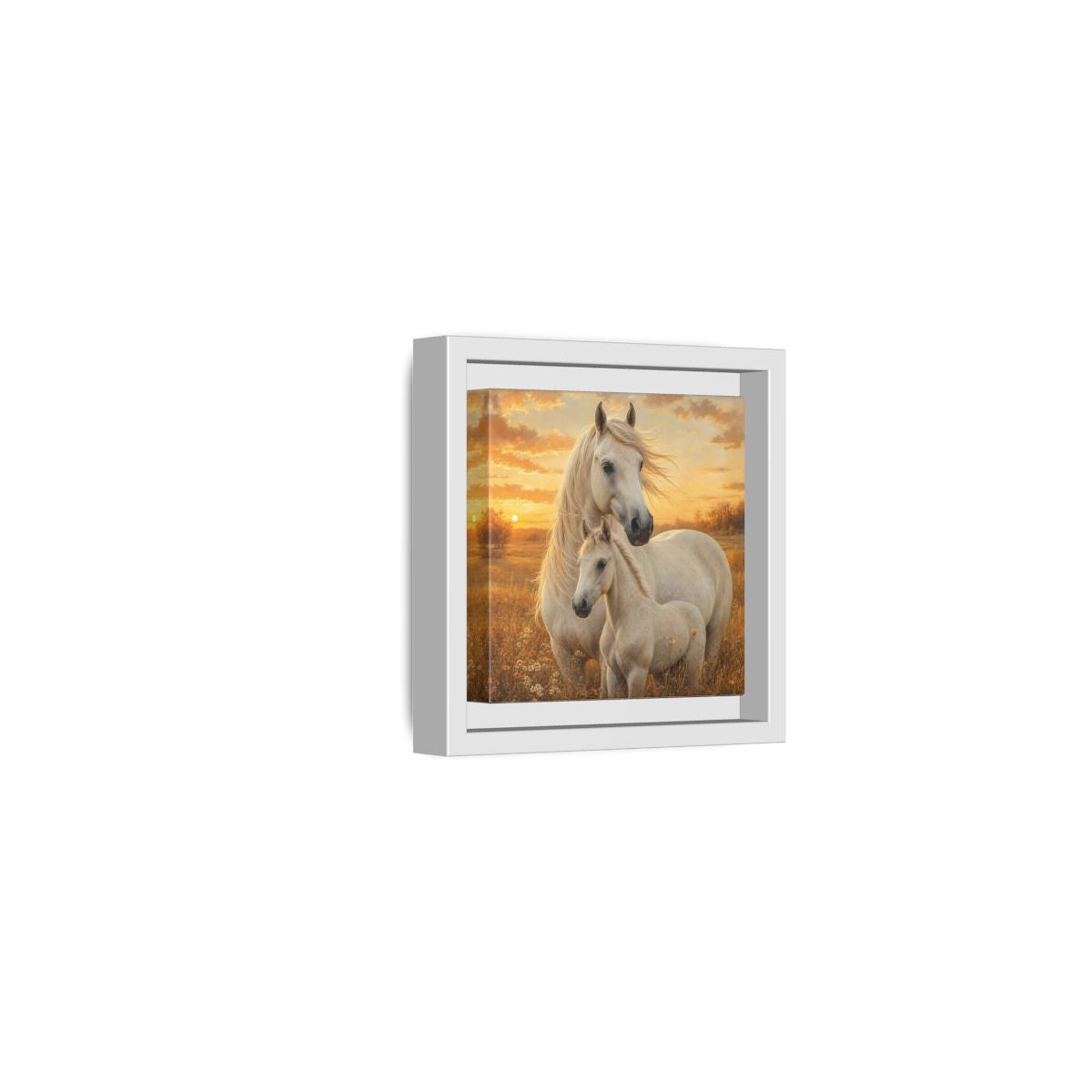 Side Mockup 22. Animals Horses White Horses Sunset shown as stretched canvas wall art