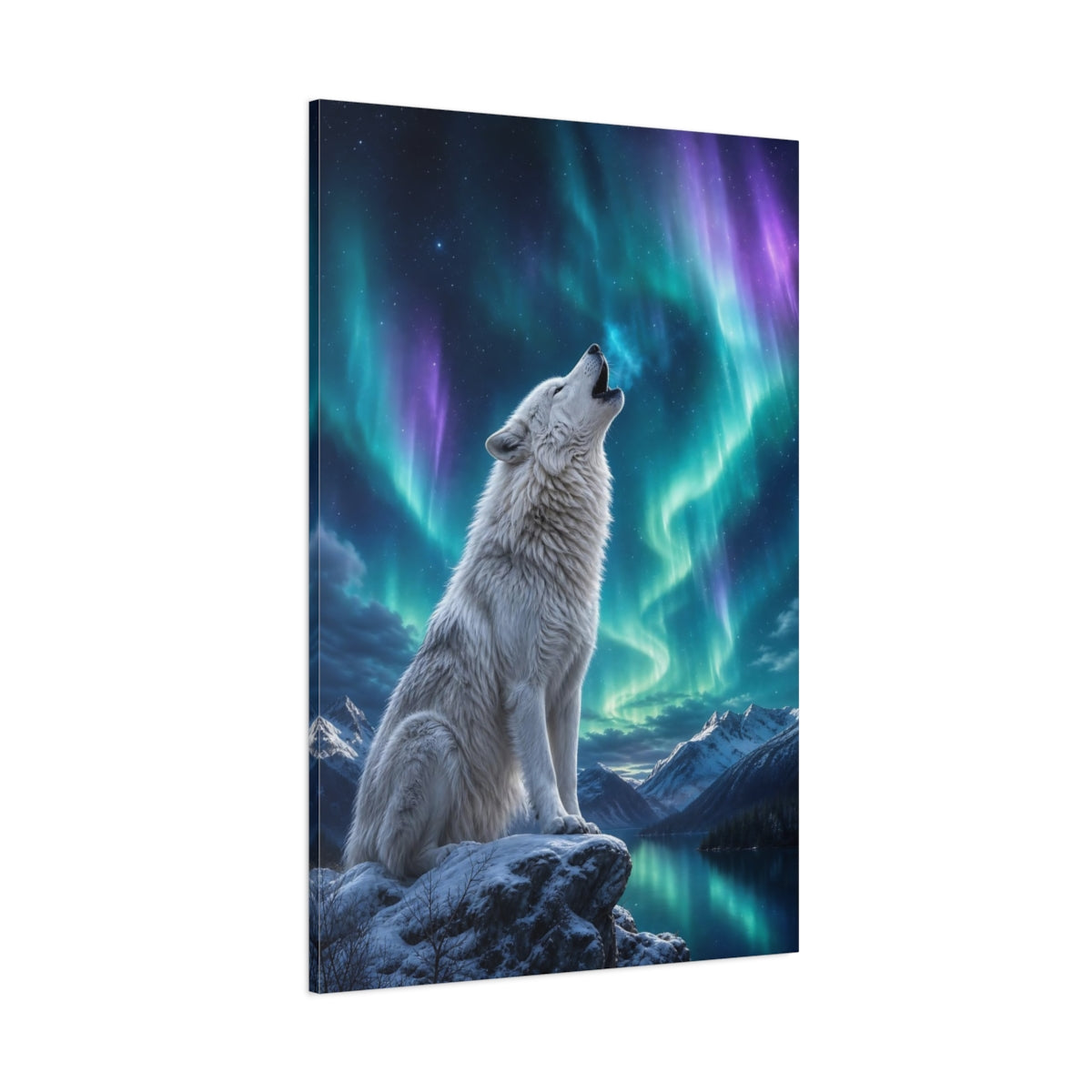 Side Mockup 1. Animals Howling Wolf White Wolf Aurora shown as stretched canvas wall art