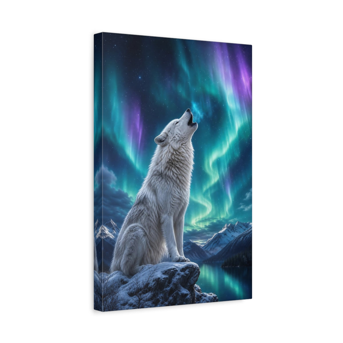 Side Mockup 4. Animals Howling Wolf White Wolf Aurora shown as stretched canvas wall art