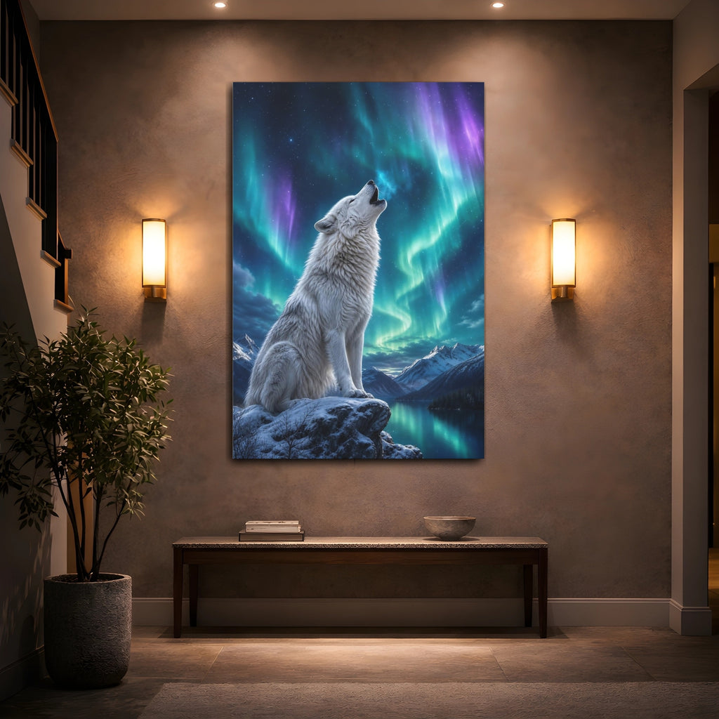 Mockup 2. Animals Howling Wolf White Wolf Aurora shown as stretched canvas wall art