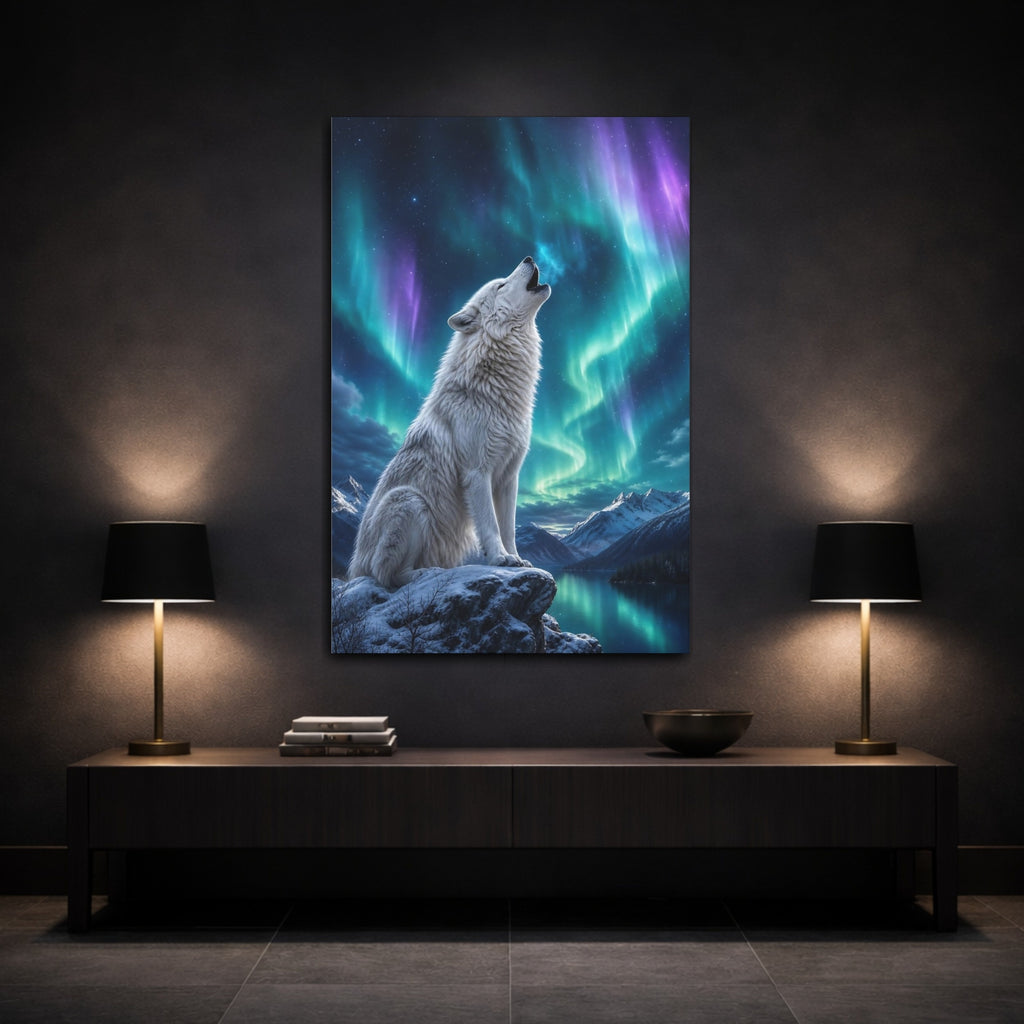 Mockup 3. Animals Howling Wolf White Wolf Aurora shown as stretched canvas wall art