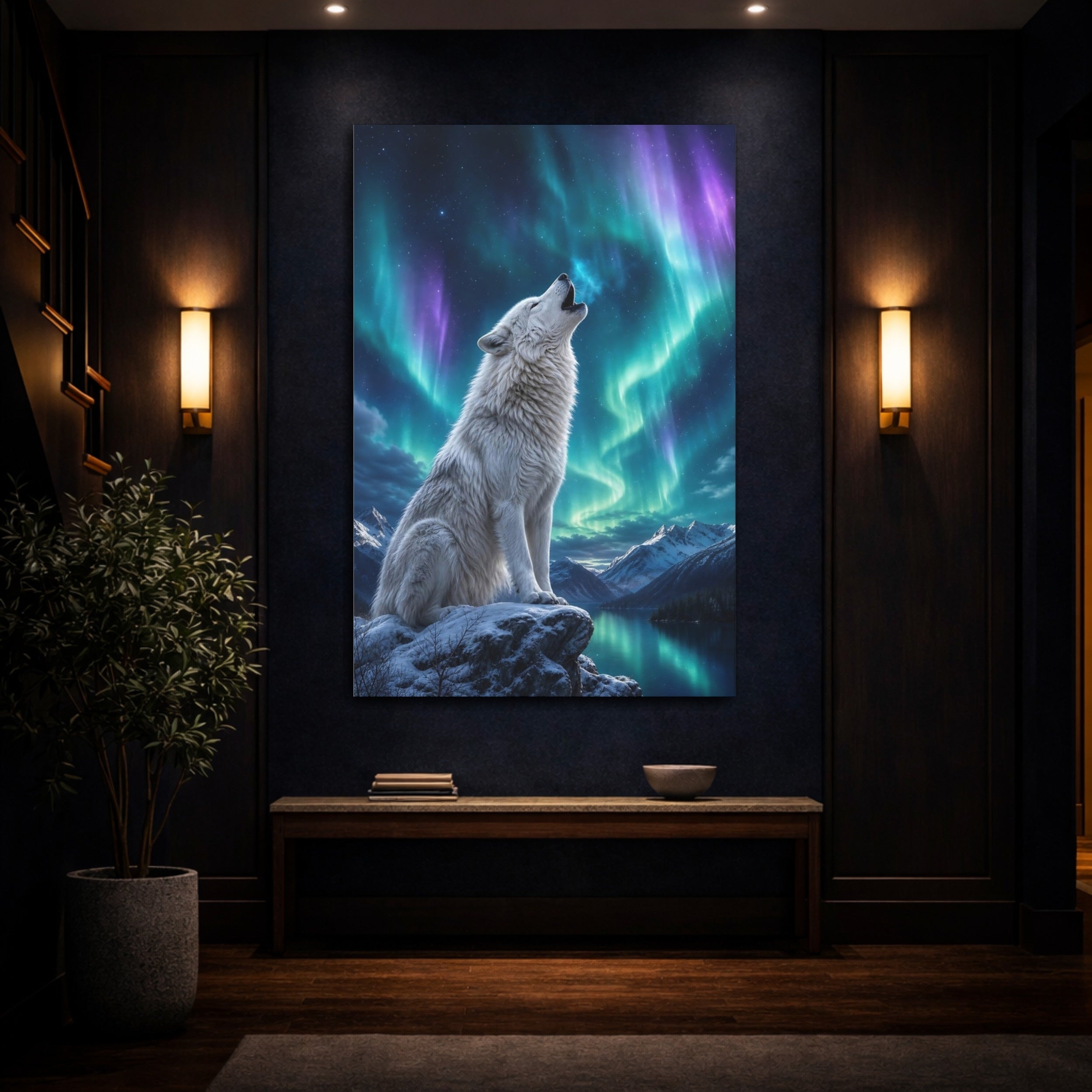 Mockup 4. Animals Howling Wolf White Wolf Aurora shown as stretched canvas wall art