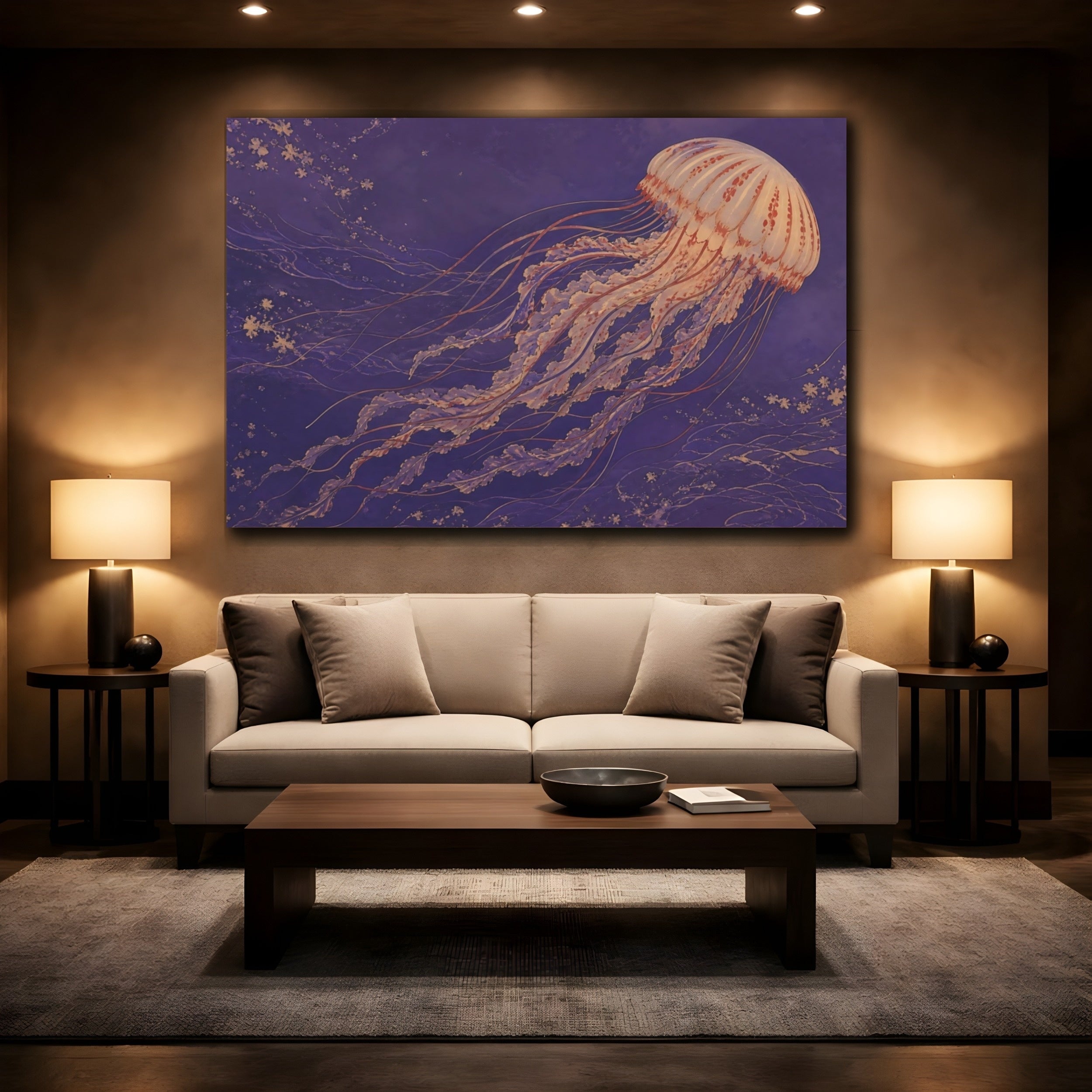 Mockup 2. Animals Jellyfish Purple Jellyfish shown as canvas print