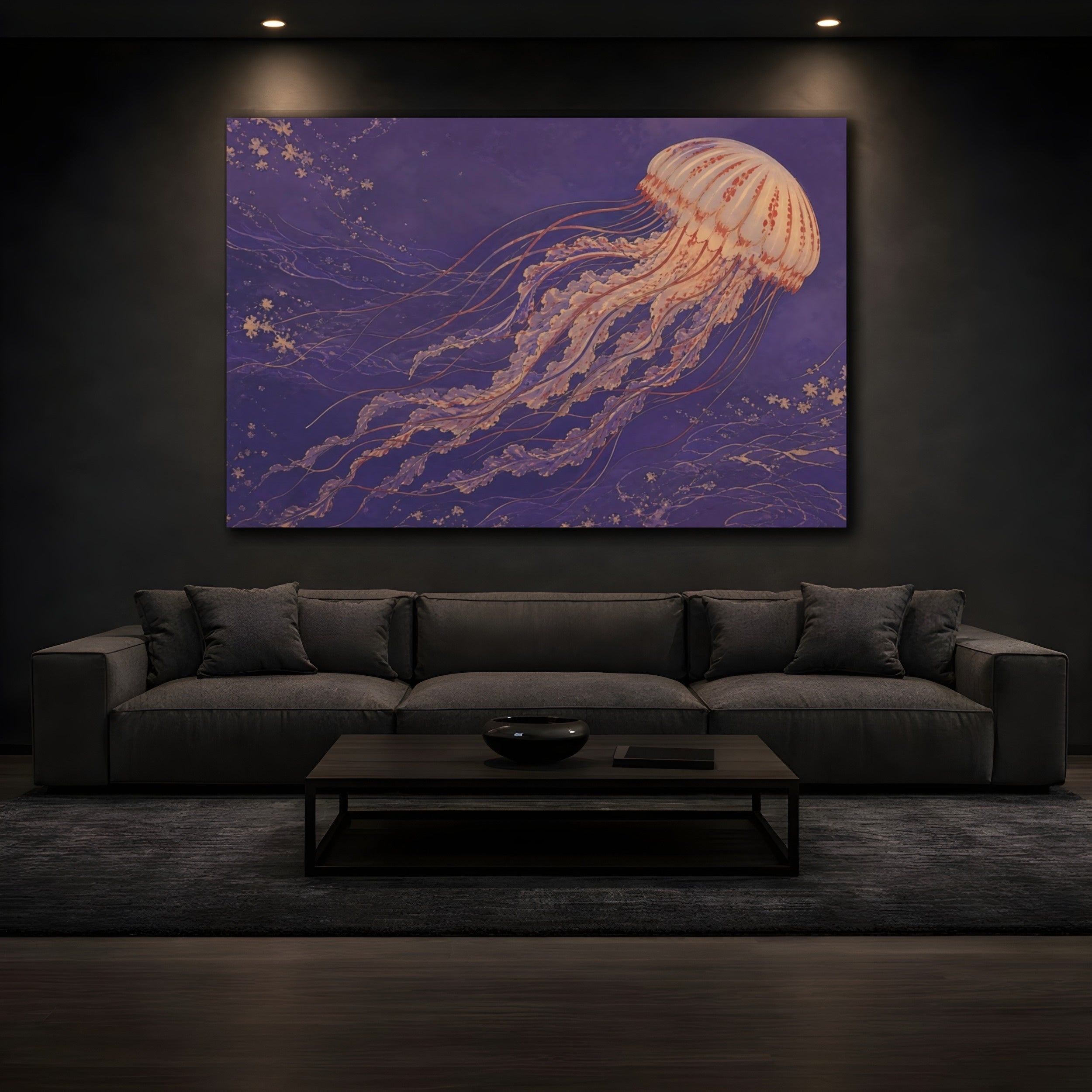 Mockup 3. Animals Jellyfish Purple Jellyfish shown as canvas print