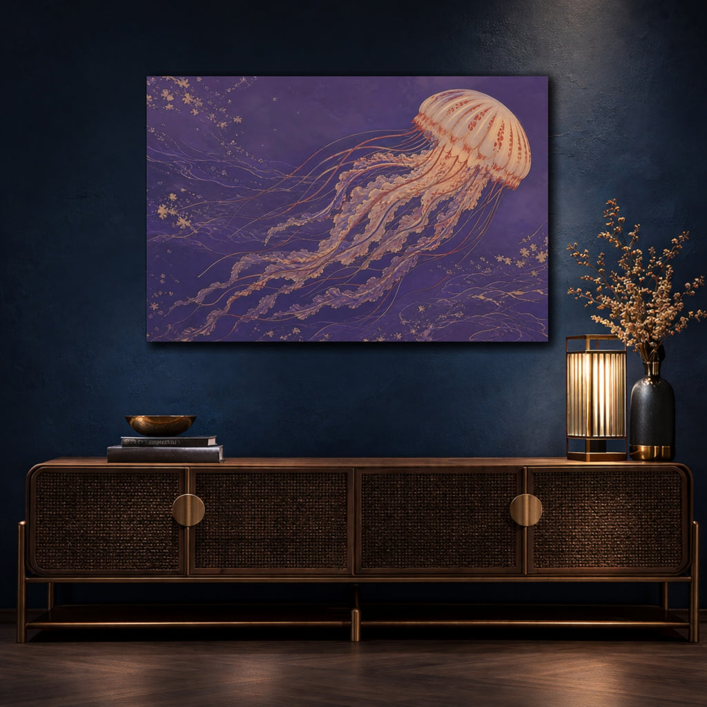 Mockup 4. Animals Jellyfish Purple Jellyfish shown as canvas print