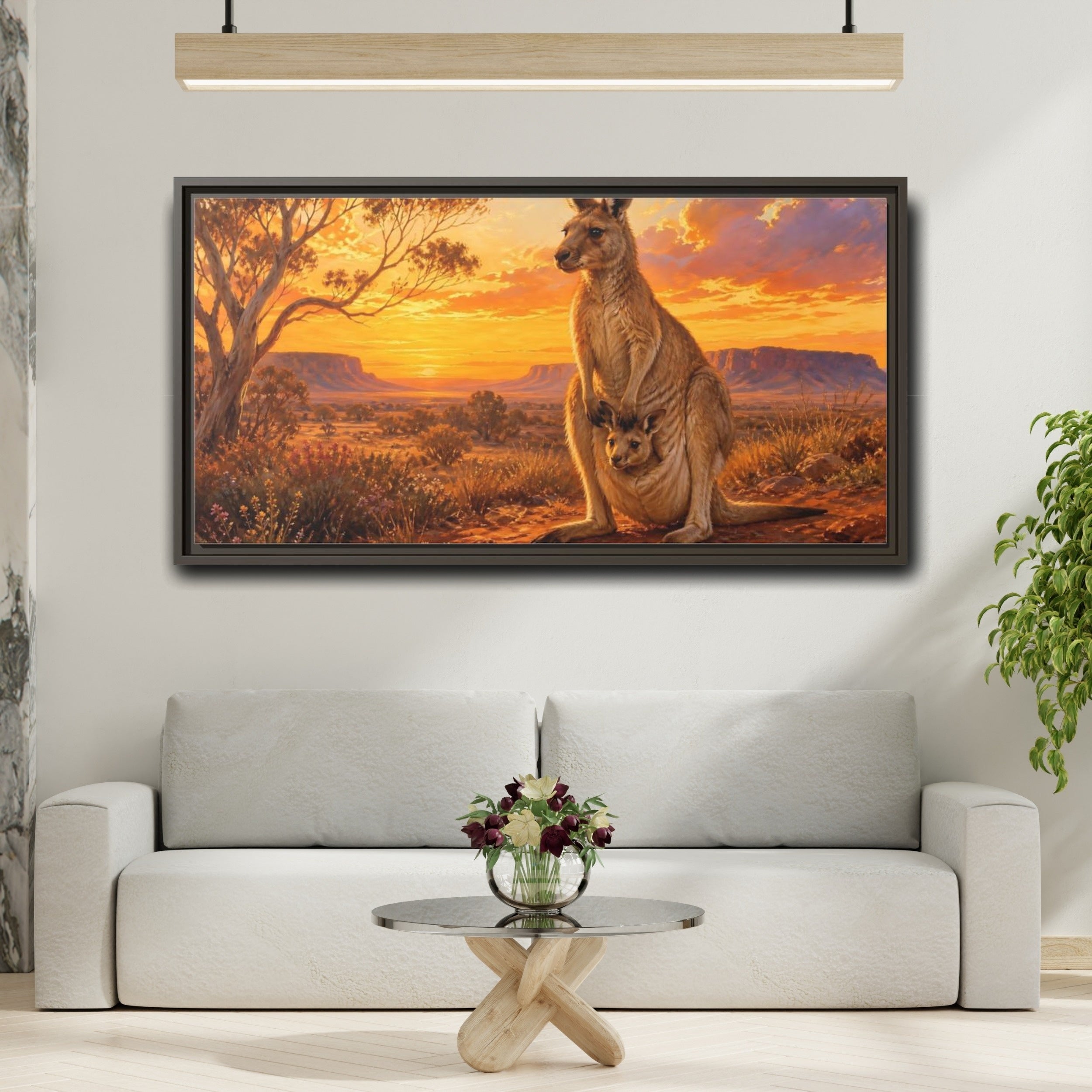Mockup 2. Animals Kangaroo Kangaroo Sunset shown as stretched canvas wall art
