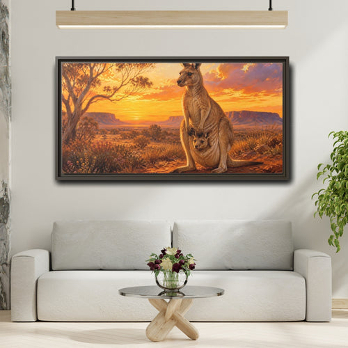 Mockup 2. Animals Kangaroo Kangaroo Sunset shown as stretched canvas wall art