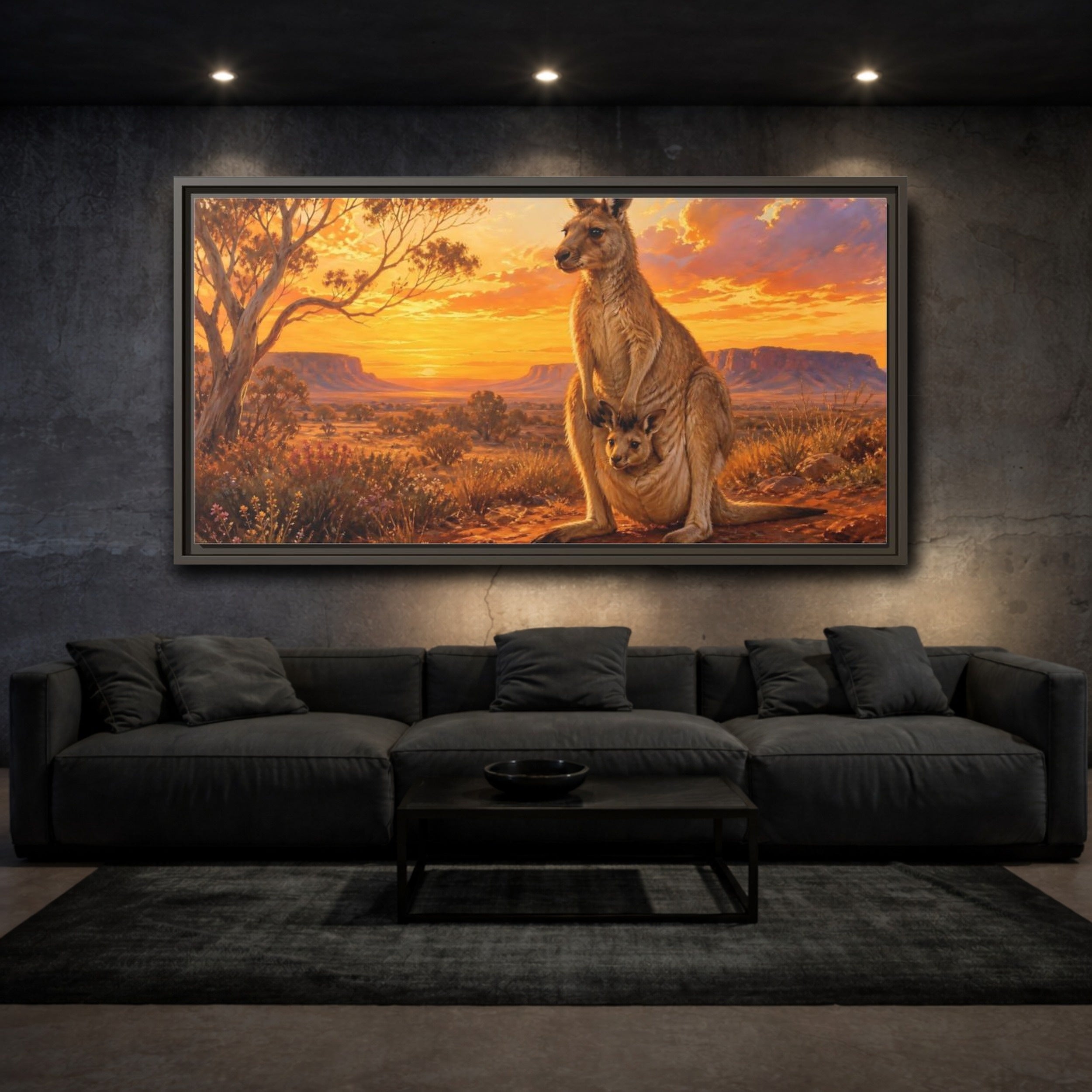 Mockup 3. Animals Kangaroo Kangaroo Sunset shown as stretched canvas wall art