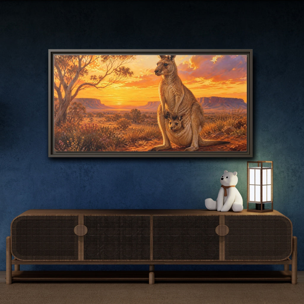Mockup 4. Animals Kangaroo Kangaroo Sunset shown as stretched canvas wall art