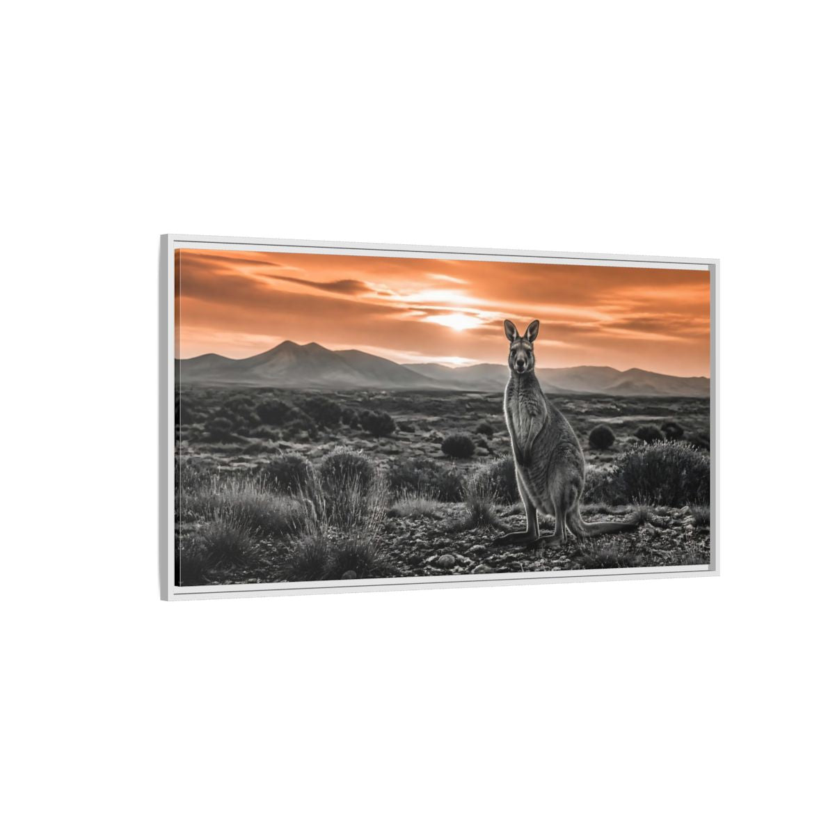 Side Mockup 3. Animals Kangaroo Orange And Gray shown as stretched canvas wall art