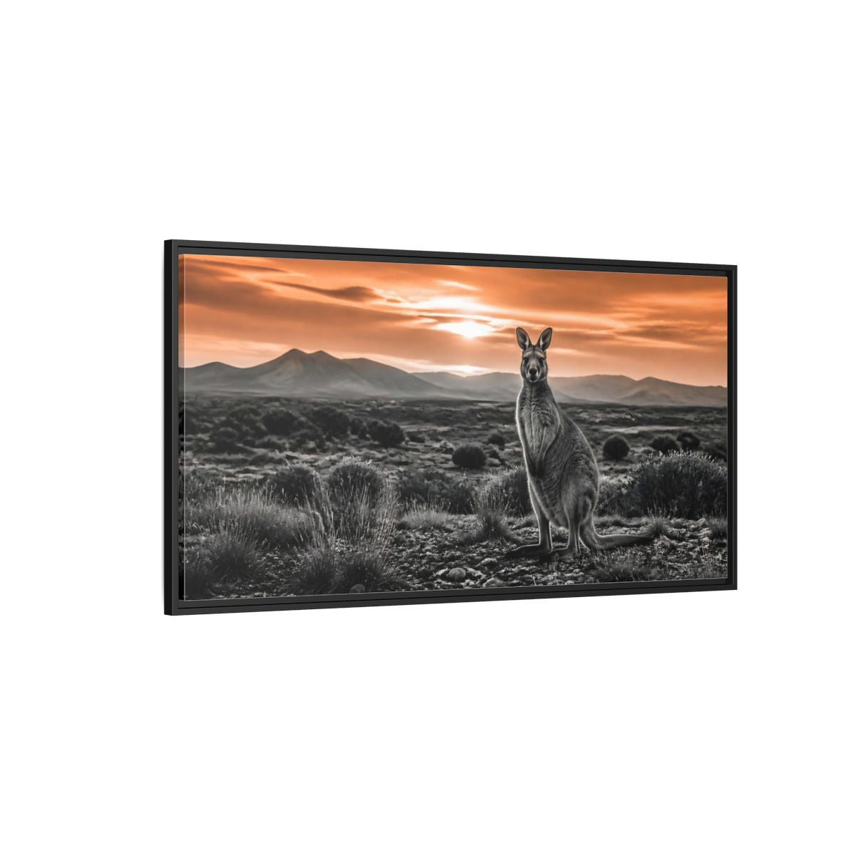 Side Mockup 5. Animals Kangaroo Orange And Gray shown as stretched canvas wall art