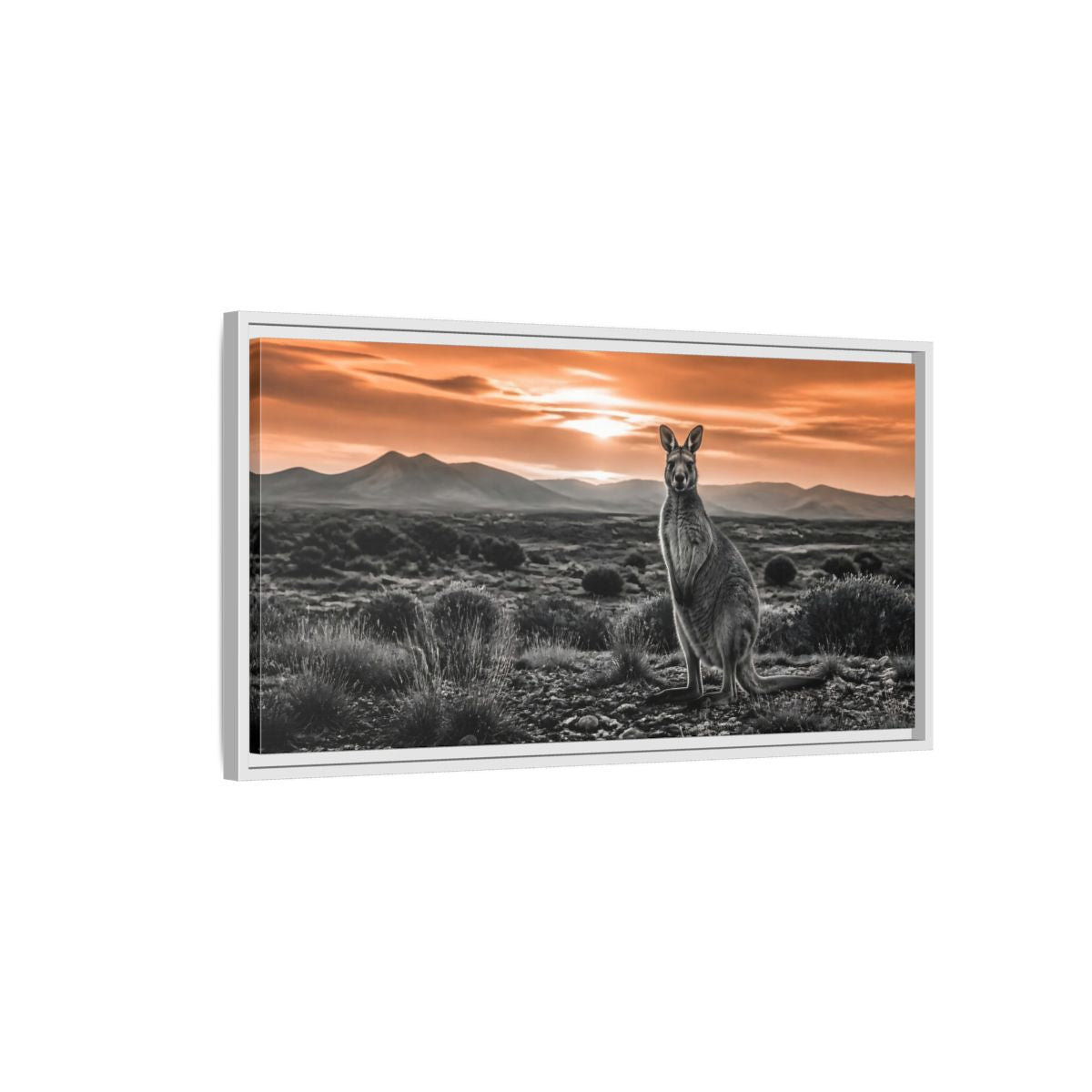 Side Mockup 1. Animals Kangaroo Orange And Gray shown as stretched canvas wall art