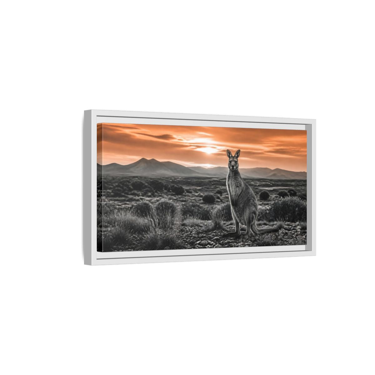 Side Mockup 6. Animals Kangaroo Orange And Gray shown as stretched canvas wall art