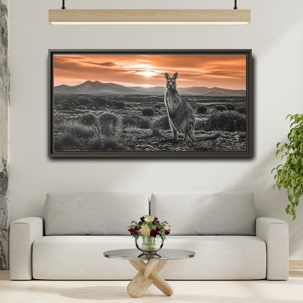 Mockup 2. Animals Kangaroo Orange And Gray shown as stretched canvas wall art