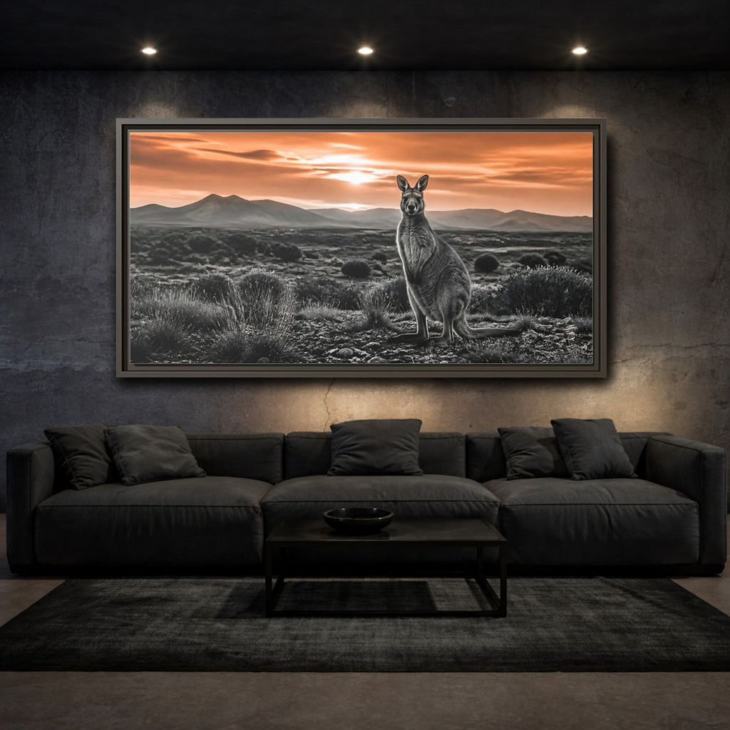 Mockup 3. Animals Kangaroo Orange And Gray shown as stretched canvas wall art