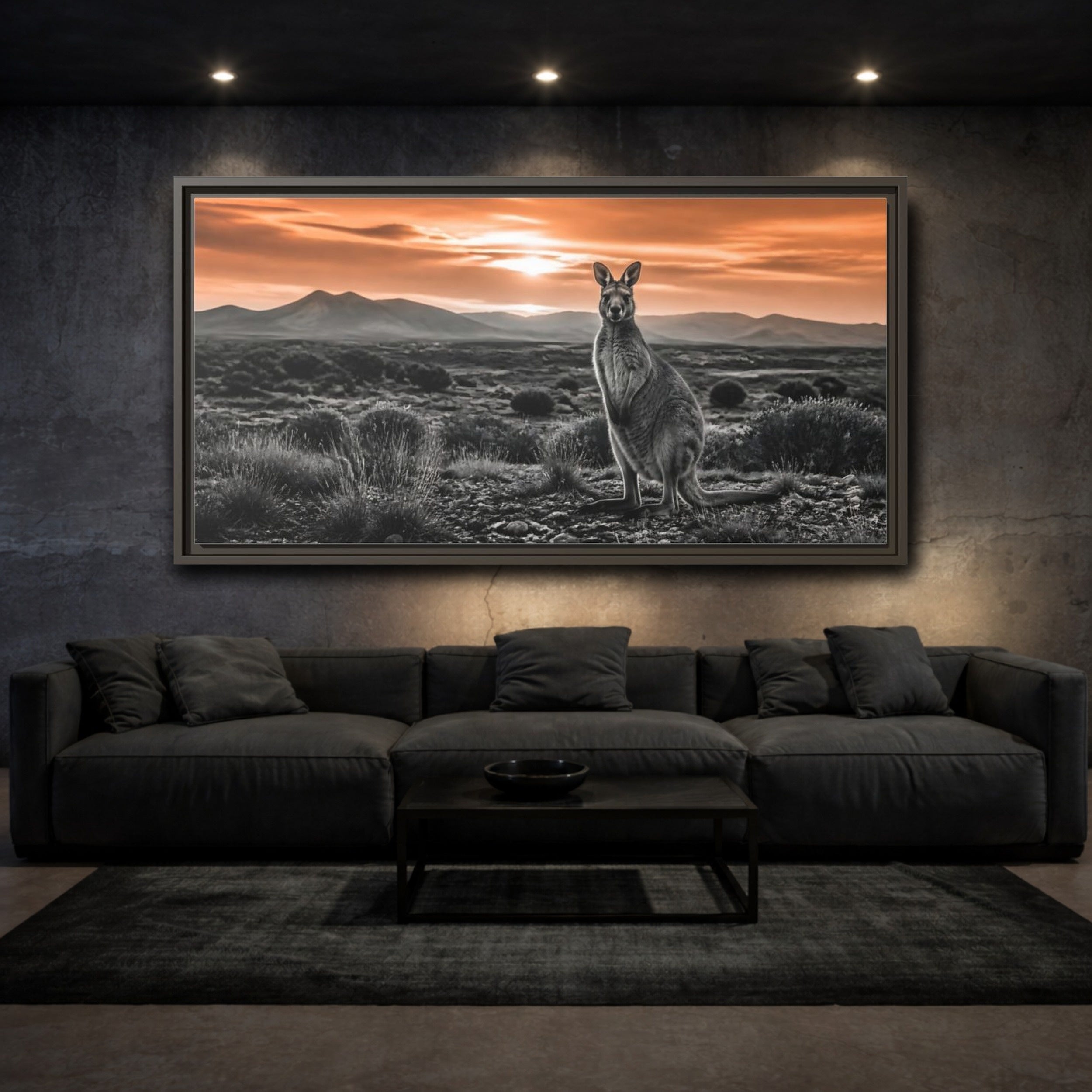 Mockup 3. Animals Kangaroo Orange And Gray shown as stretched canvas wall art