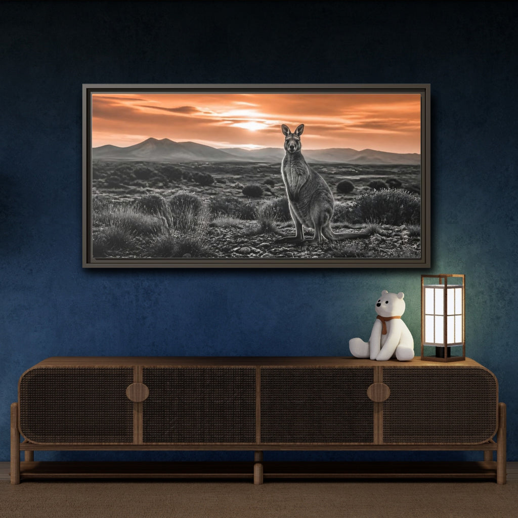 Mockup 4. Animals Kangaroo Orange And Gray shown as stretched canvas wall art