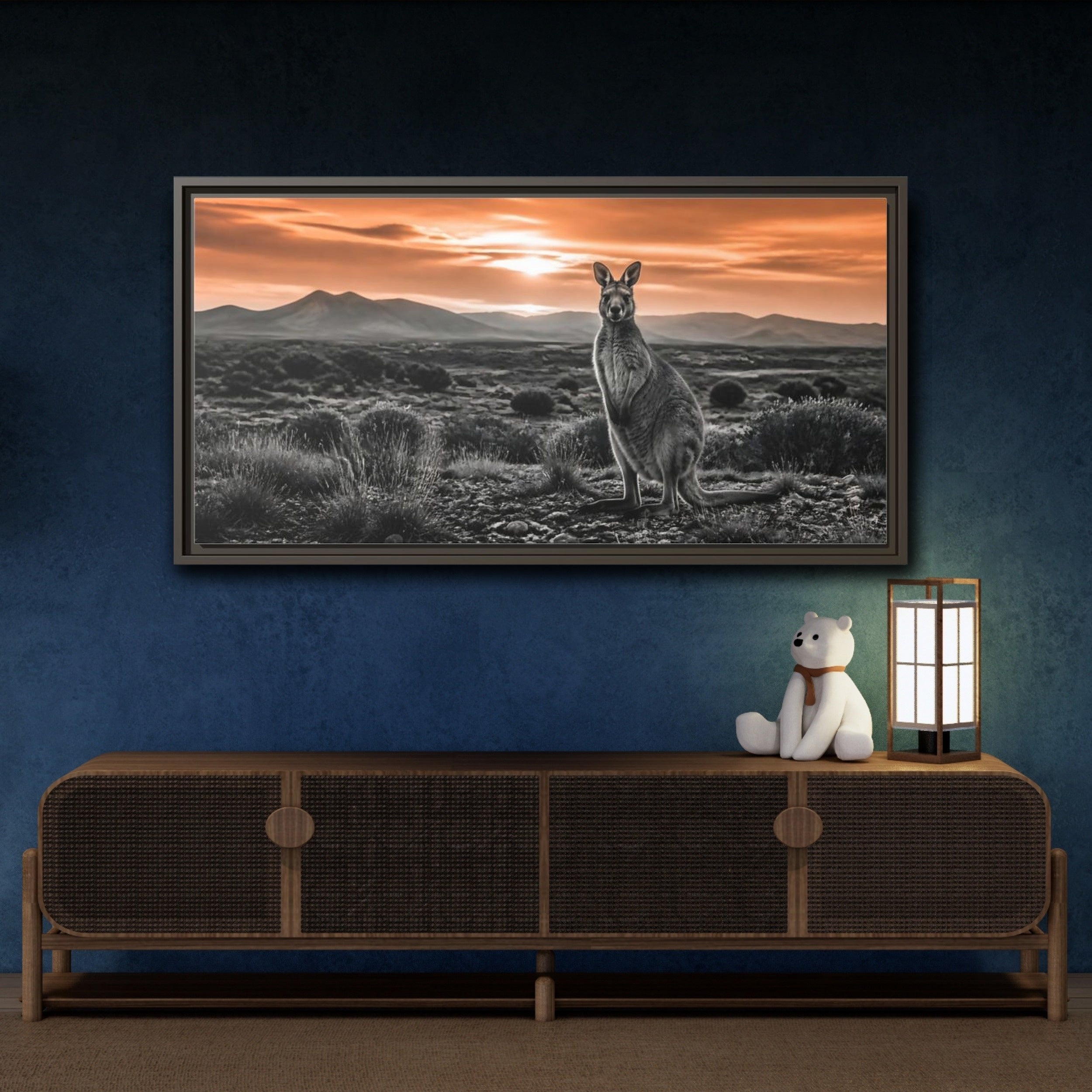 Mockup 4. Animals Kangaroo Orange And Gray shown as stretched canvas wall art