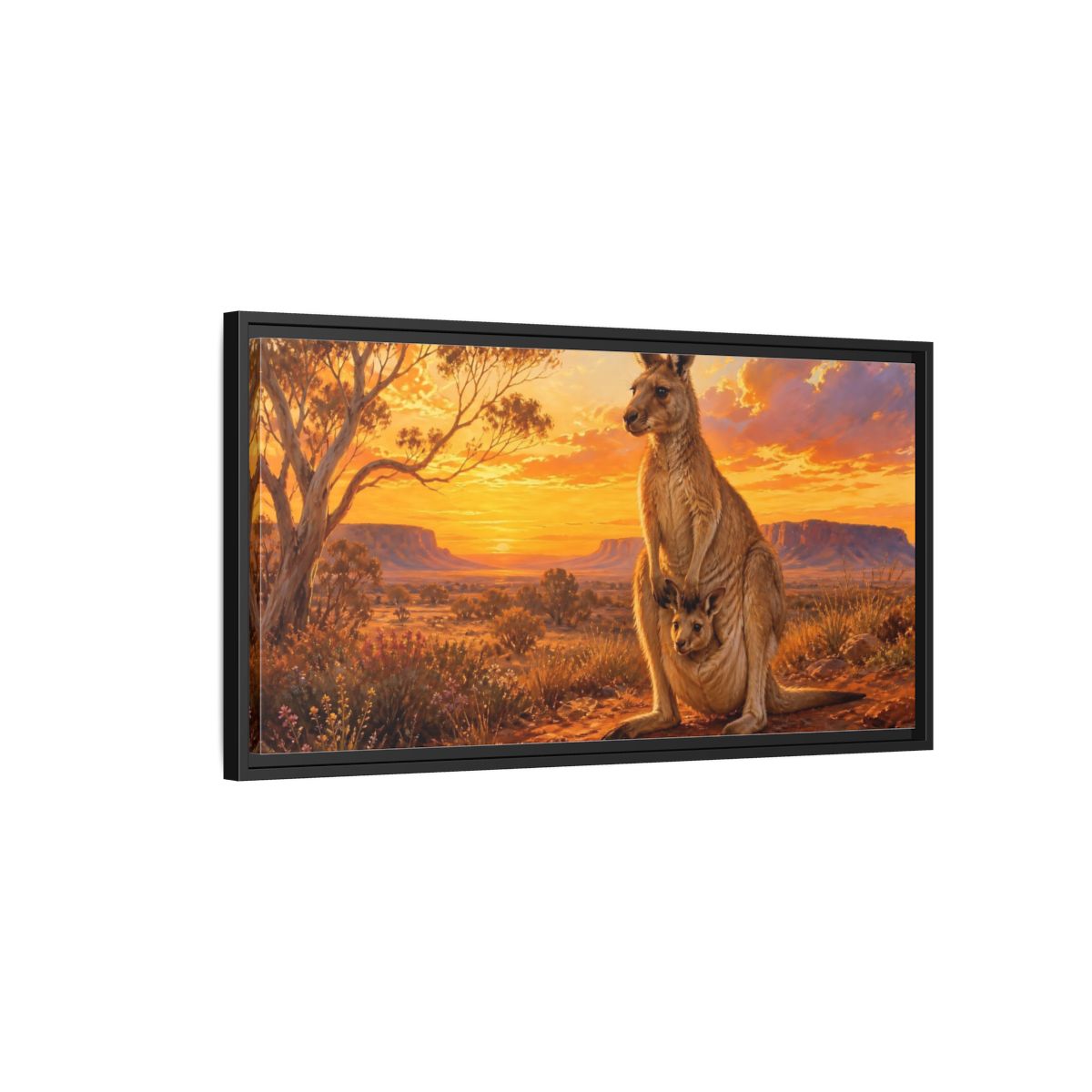 Side Mockup 2. Animals Kangaroo Kangaroo Sunset shown as stretched canvas wall art