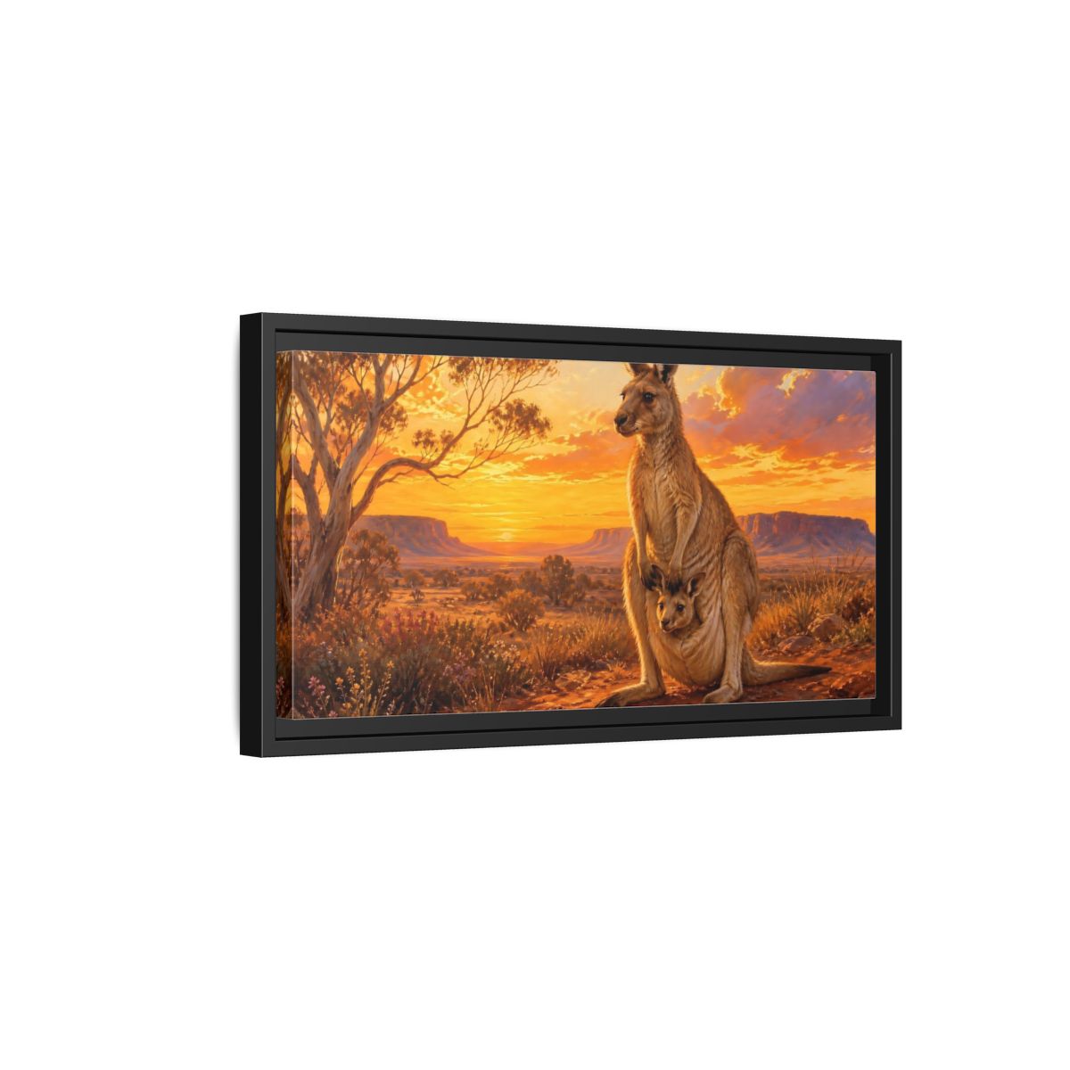 Side Mockup 8. Animals Kangaroo Kangaroo Sunset shown as stretched canvas wall art
