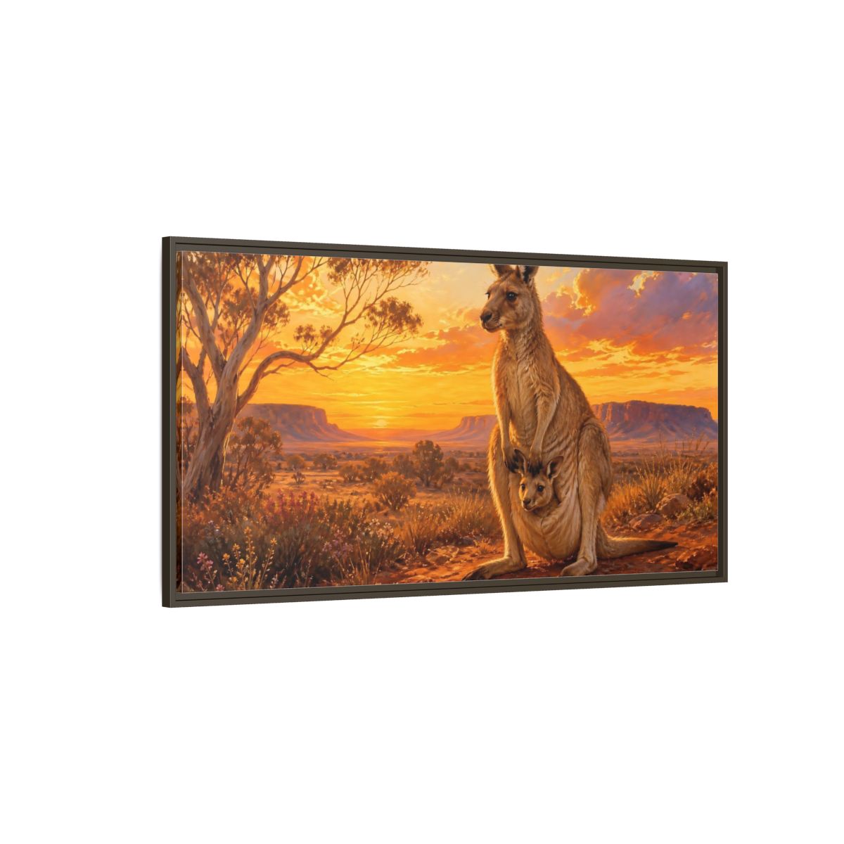 Side Mockup 4. Animals Kangaroo Kangaroo Sunset shown as stretched canvas wall art