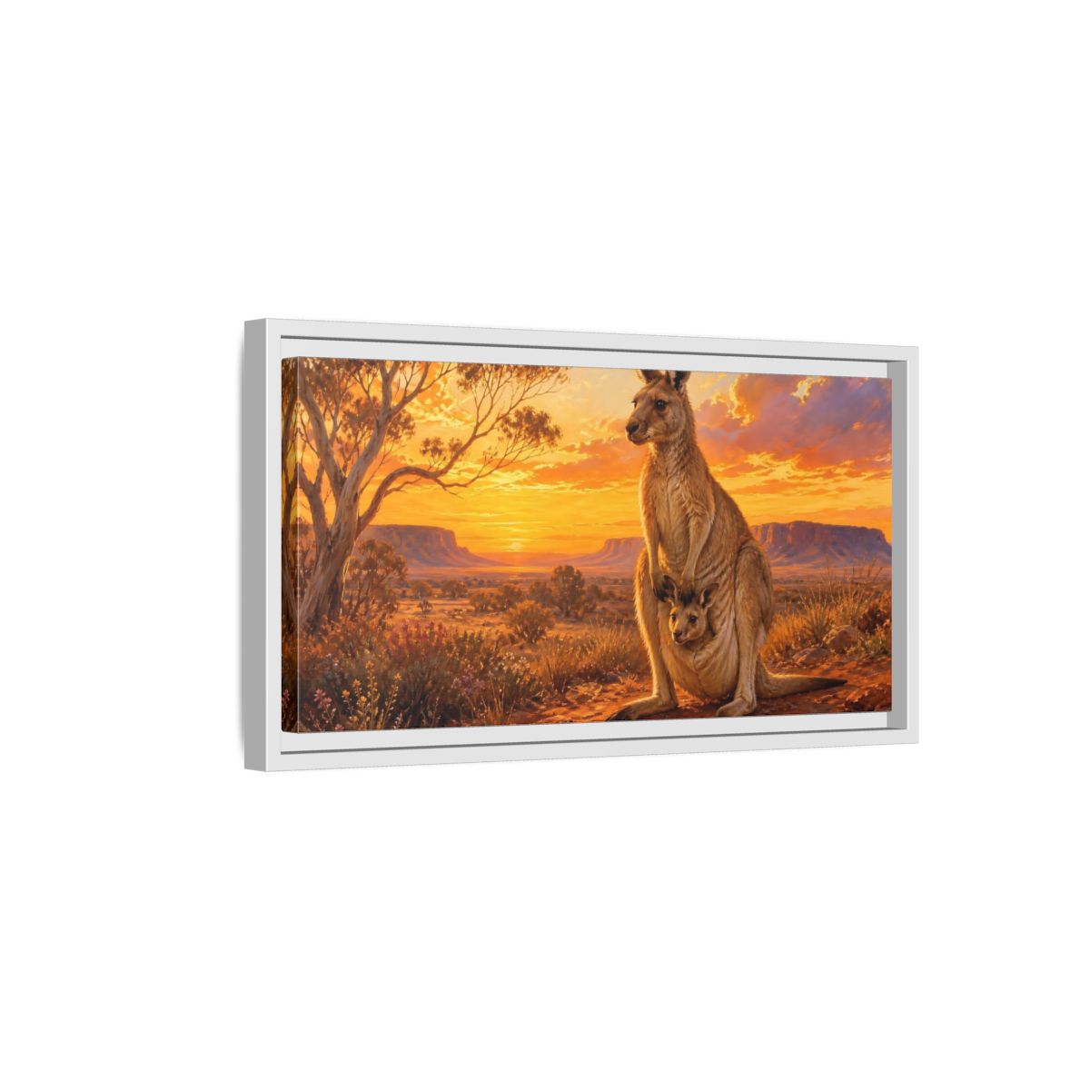 Side Mockup 6. Animals Kangaroo Kangaroo Sunset shown as stretched canvas wall art