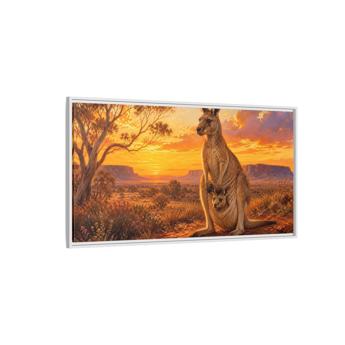 Side Mockup 3. Animals Kangaroo Kangaroo Sunset shown as stretched canvas wall art