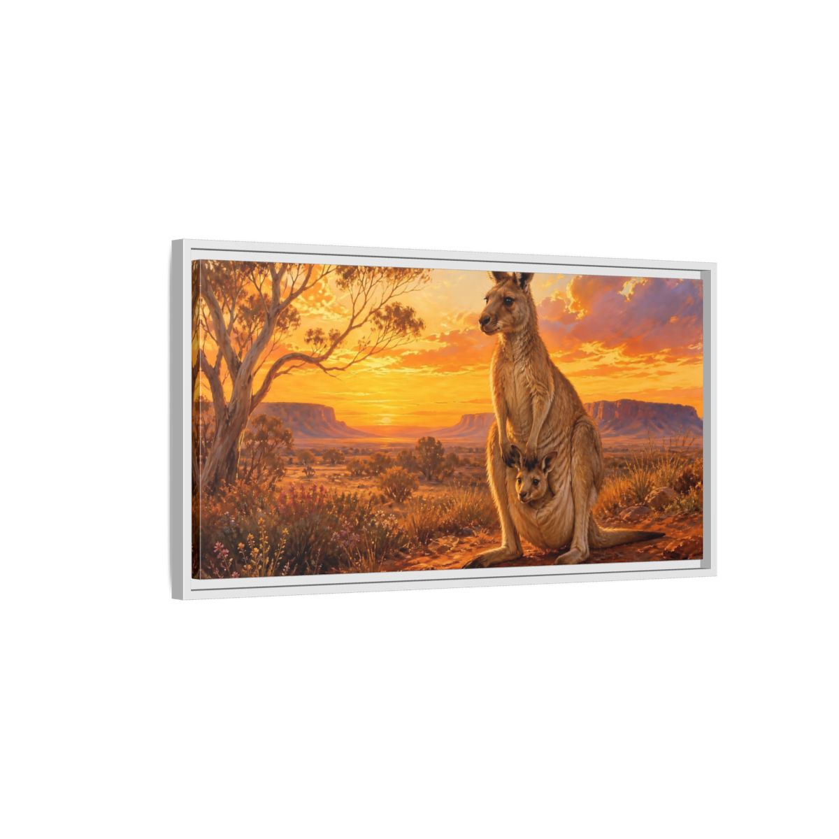 Side Mockup 1. Animals Kangaroo Kangaroo Sunset shown as stretched canvas wall art