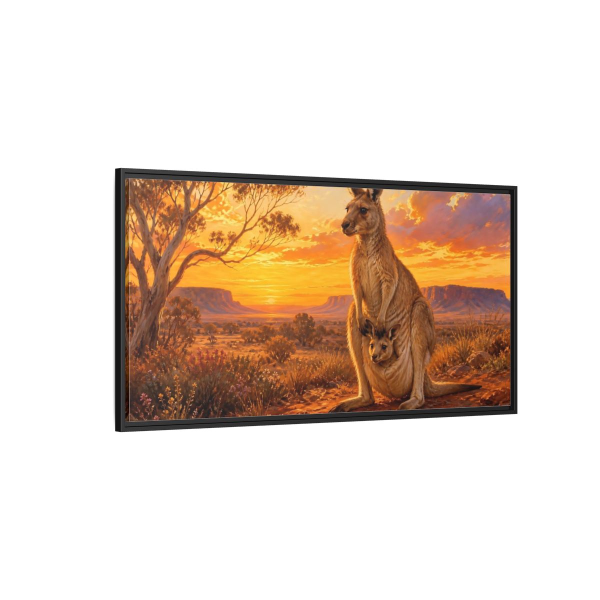 Side Mockup 5. Animals Kangaroo Kangaroo Sunset shown as stretched canvas wall art