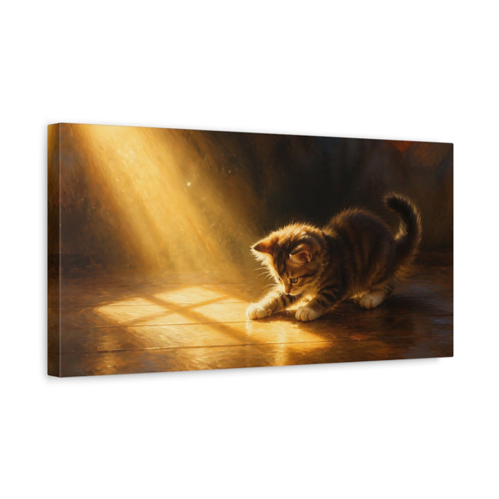 Side Mockup 3. Animals Kitten Brown And Gold shown as stretched canvas wall art