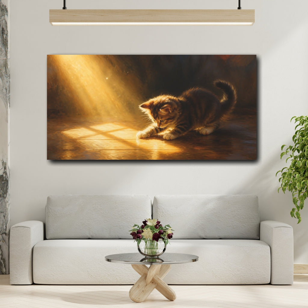 Mockup 2. Animals Kitten Brown And Gold shown as stretched canvas wall art