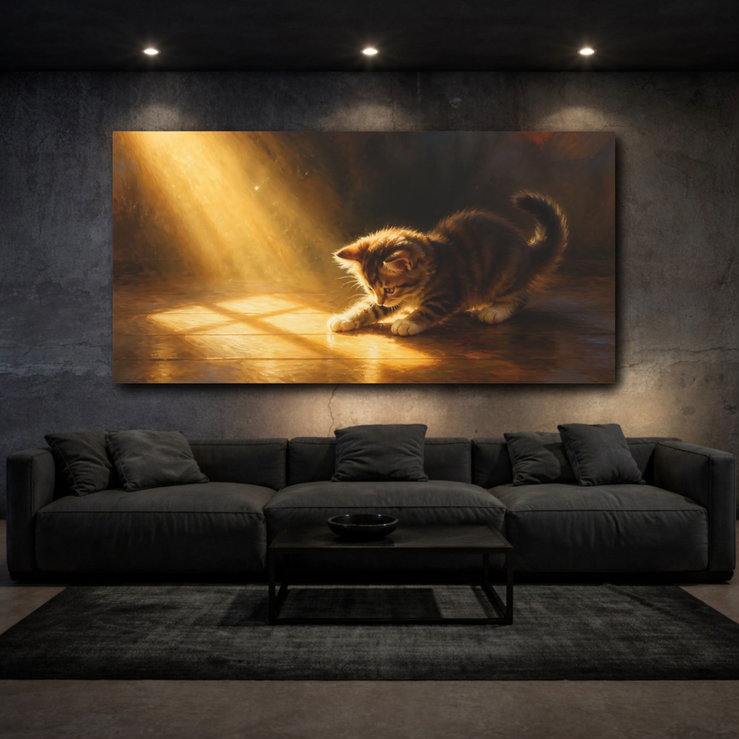 Mockup 3. Animals Kitten Brown And Gold shown as stretched canvas wall art