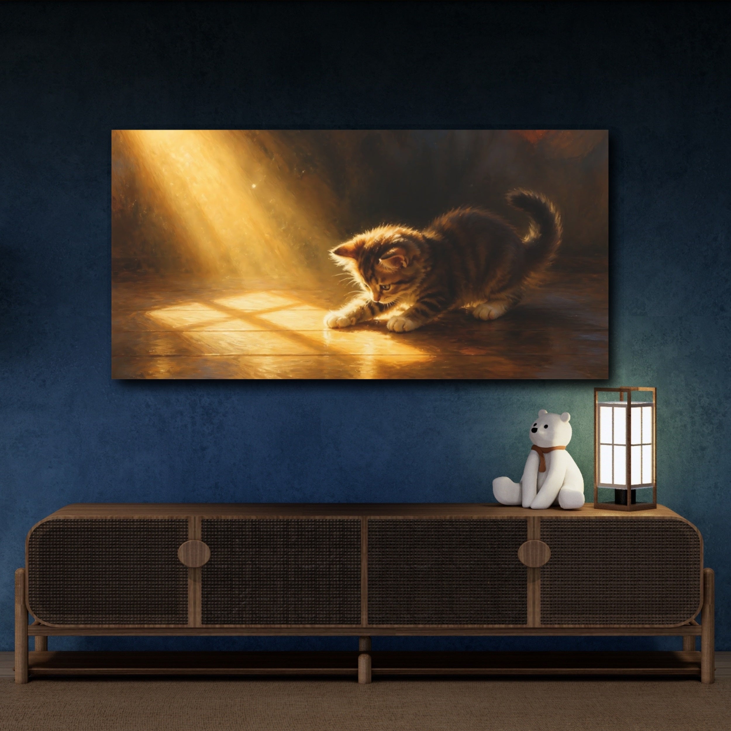 Mockup 4. Animals Kitten Brown And Gold shown as stretched canvas wall art